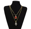 Egyptian Ankh Key of Life Bling Rhinestone Cross Pendant With Red Ruby Pendant Necklace Set Men Fashion Hip Hop Jewelry