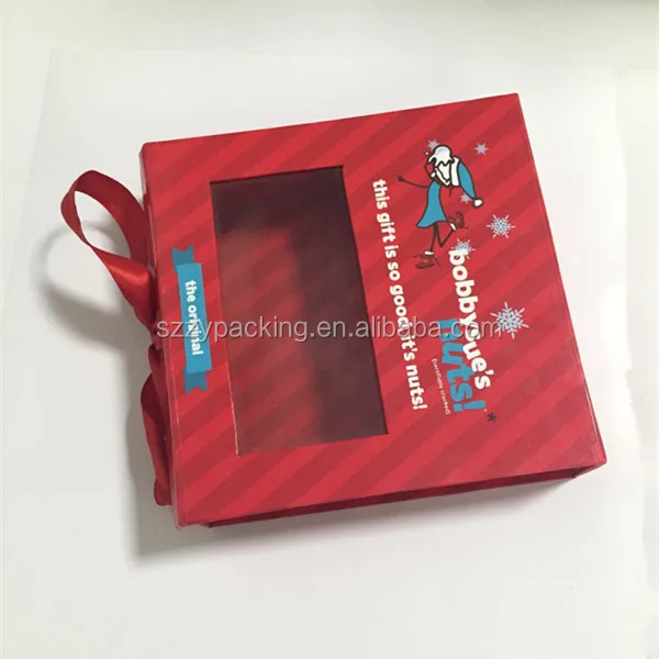 red color square box with window lid and ribbon closure