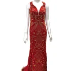 2019 New High-End Red Sleeveless Deep V Luxury Machinery-Beaded Evening Dress