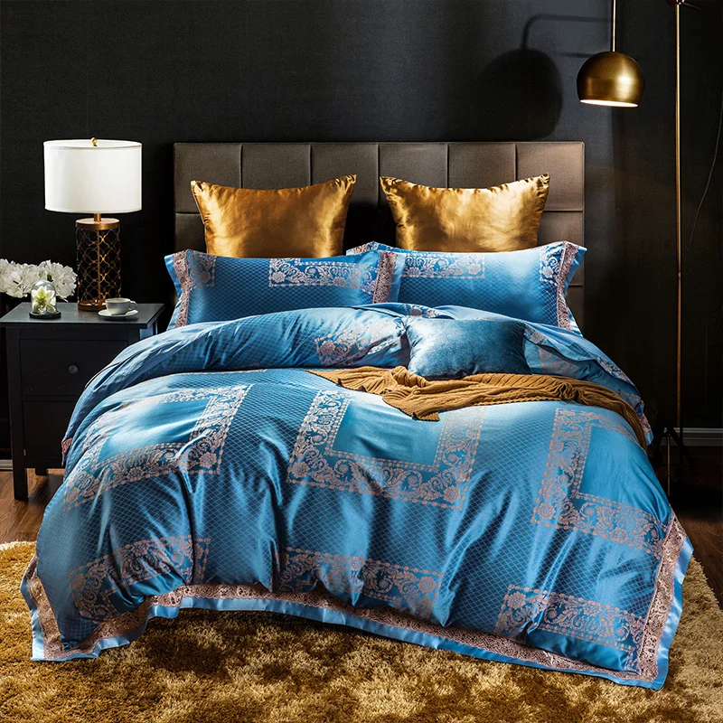 Waliicorners Tribute Silk Jacquard silver gray Luxury Royal Bedding set 4Pcs King Queen size bed sheet set Duvet cover pillow shams 84 WFG_1444