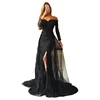 Sexy 2018 Black Off Shoulder Evening Dresses Long Sleeve Lace Gown With Detachable Tulle Train Party Gowns