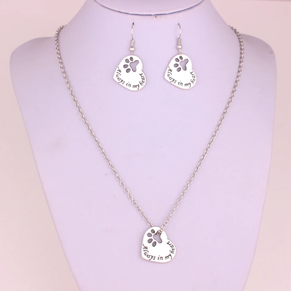 J700004 Huilin Jewelry Necklace Earring Set Silver Always in my Heart" Paw Print Heart Pet Lover bridal jewelry set, Picture
J700004 Huilin Jewelry Necklace Earring Set Silver Always in my Heart" Paw Print Heart Pet Lover bridal jewelry set, Picture
