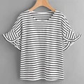 Wholesale Ruffle Style Round Neck Bell Sleeve Ladies Striped T-Shirt