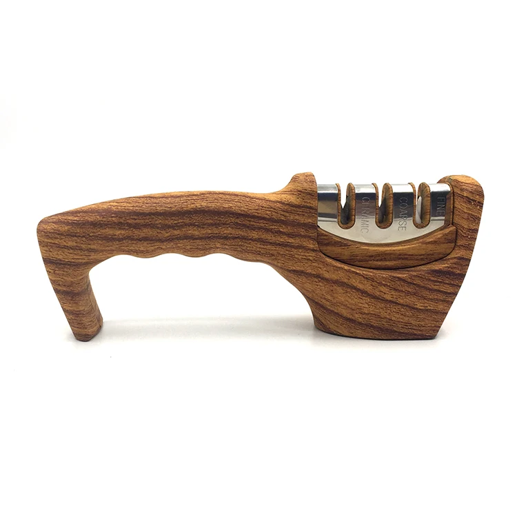 Kitchen Knife Accessories 3 Stage Wooden grained knife sharpener, Silver function parts + customized handle 
Kitchen Knife Accessories 3 Stage Wooden grained knife sharpener, Silver function parts + customized handle