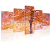 Home Decor Painting with Wooden Frame 5 Panels Orange Abstract Tree Oil Painting Autumn Symbol Canvas Print