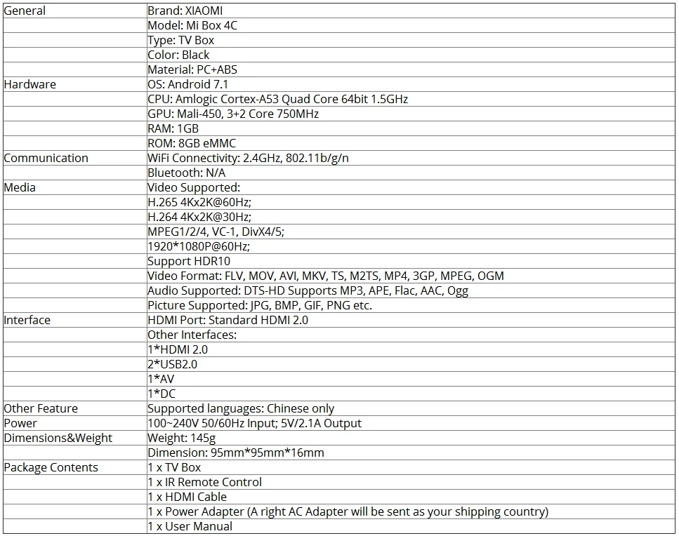 XIAOMI Mi Box 4/4C Android 7.1 Amlogic A53 Quad Core 64bit 1 GB/8 GB 4 K HDR TV Box DTS-HD 2,4G WiFi - ANKUX.COM