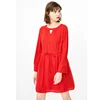 Summer Cotton Solid Sweet Color Key Hole Long Sleeve Loose Casual Women Short Dress