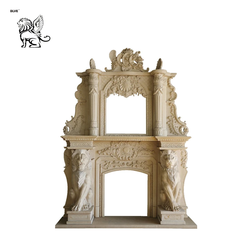 Lions Decoration Luxury Stone Fireplace Mantel Fpl 06 View
