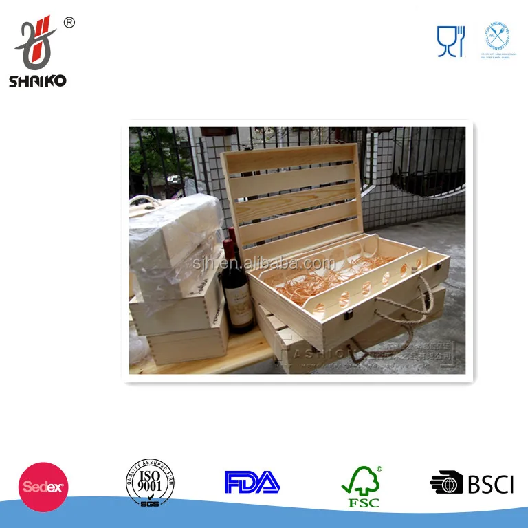 design natural pine wood crate 2 wine bottle travel storage box