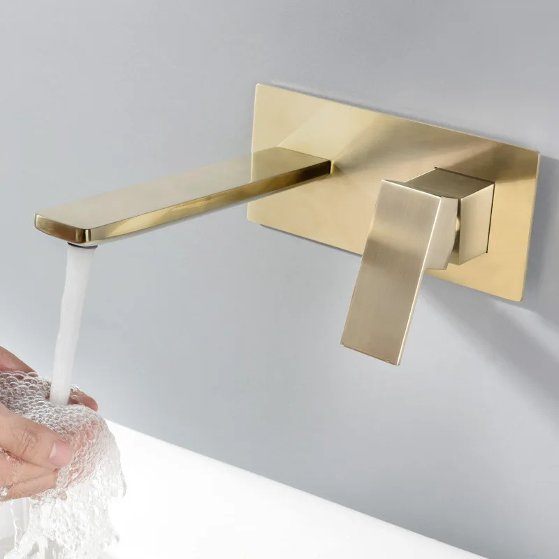 Single Handle Wall Mount Basin Mixer Taps Brushed Gold Faucets Bathroom