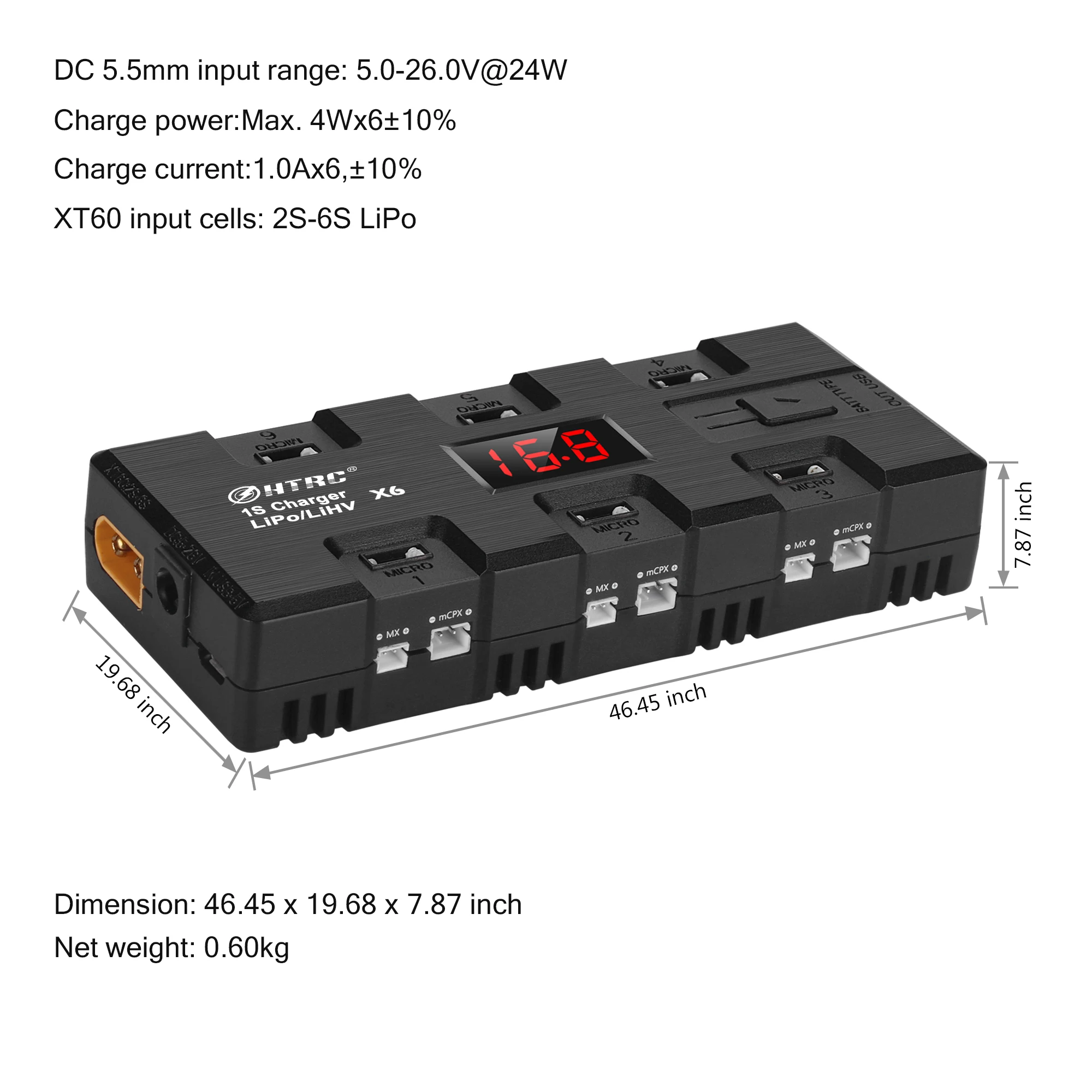 htrc 5v 1s lipo lihv 电池充电器多功能 6 充电通道,带 micro mx mcp