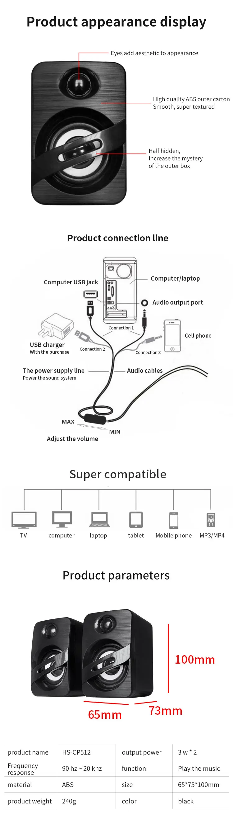 New big bass wired usb speaker, 5V power 2.0 computer pc mini speaker - ANKUX.COM