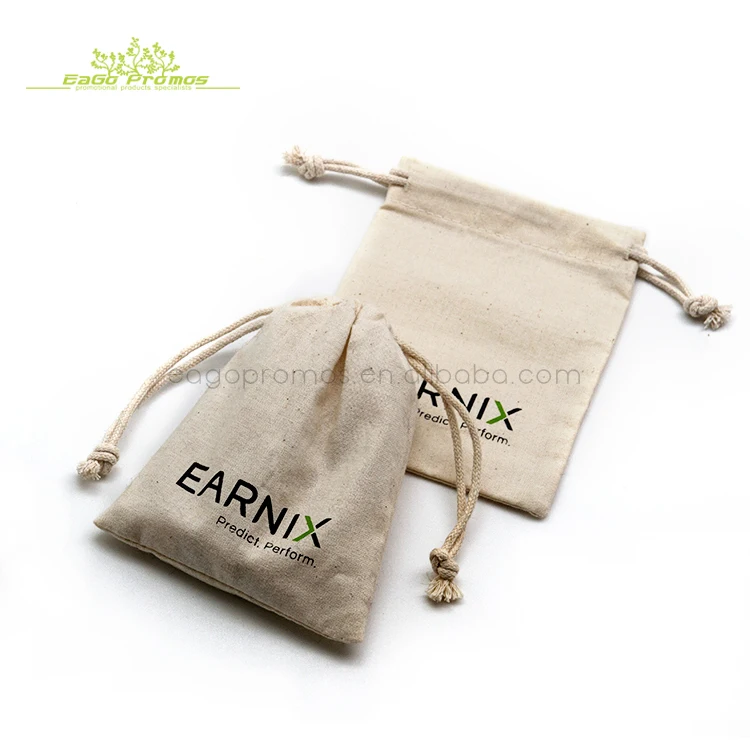 logo silk printed small drawstring bag 100% organic cotton