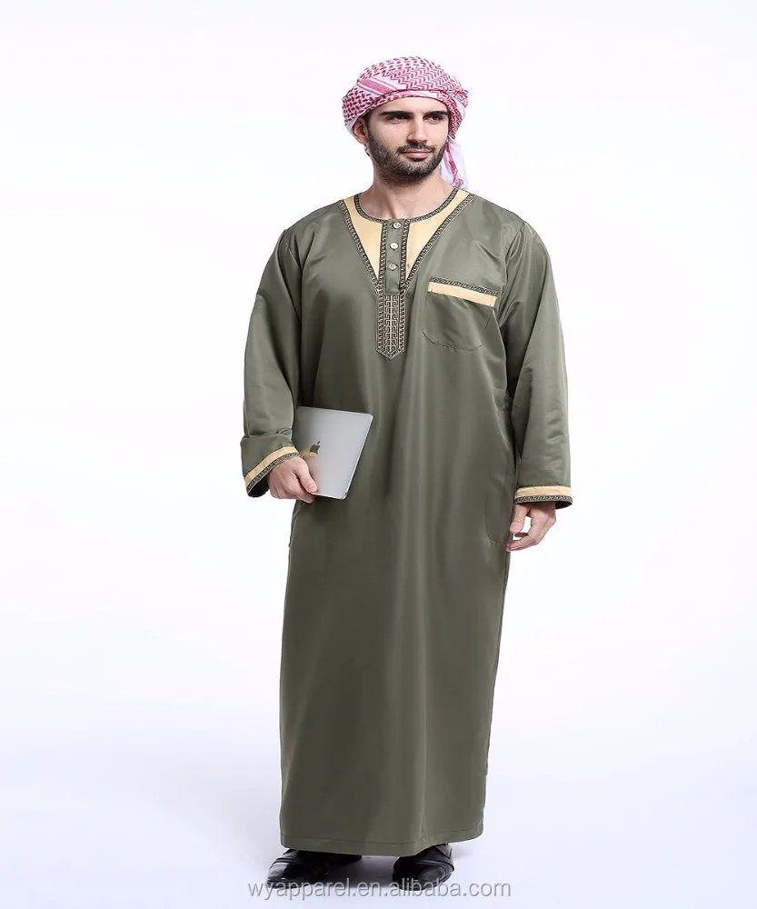 Dubai 2017 long sleeve mens Kaftan Jilbab army green arbric men jubba thobe