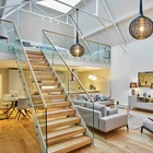 Solid wood glass railing staircase / steel straight staircase