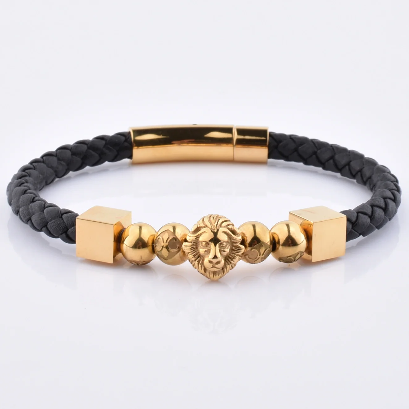 Fashion Luxury Jewelry 2023 Black Braided Wrap Leather Lion Head Charm Bracelet