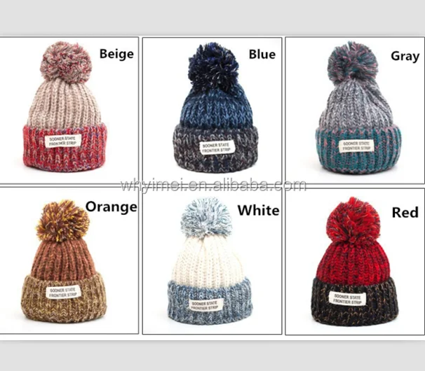 Merryia Custom Crochet Winter Beanie Hats Knit Hat with Pom Pom Beanie Hat with Woven Patch