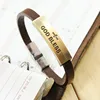 Vintage Engraved best bless customised jewelry stainless steel bangle brown fastener leather bracelet bangle handmade jewelry