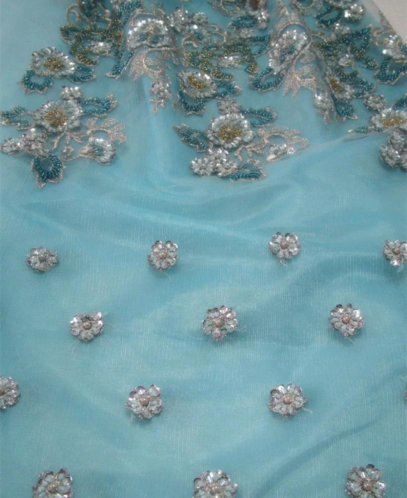 fancy embroidered tulle fabric with heavy hand beaded sequined fabric for dresses, high fashion fabric