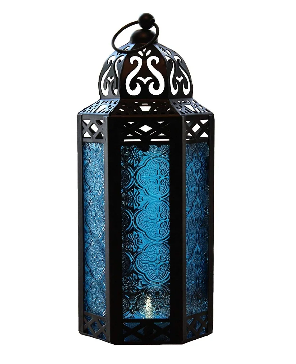 Metalen antieke kleurrijke glas marokkaanse opknoping lamp lantaarns hollow out tafel top kaars lantaarns voor decoratie