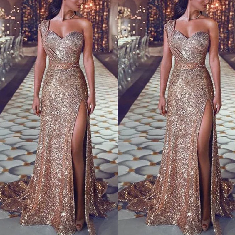 Sexy One-shoulder Sleeveless Hot Gold Dress Slit Dress Female Evening Maxi Dress Elegant Woman Coldker, As shown
Sexy One-shoulder Sleeveless Hot Gold Dress Slit Dress Female Evening Maxi Dress Elegant Woman Coldker, As shown