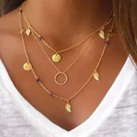 

YongZe statement jewelry 3 layered simple gold chain necklace circle & leaf design thin gold chain necklace