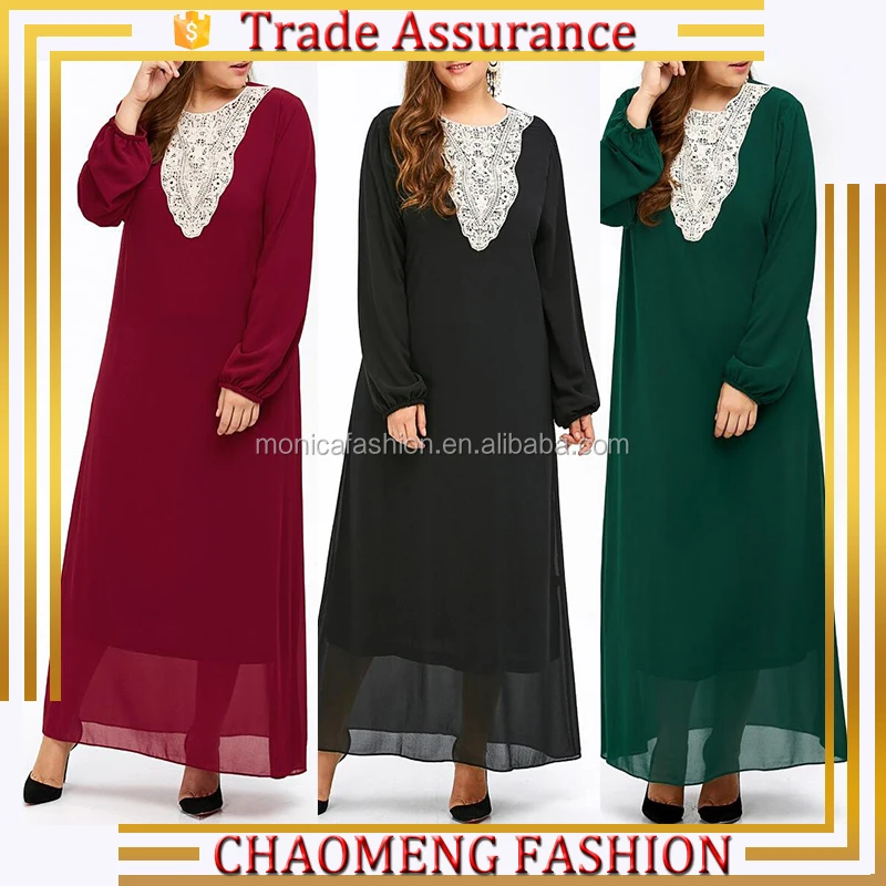 

Islamic Lace Applique Abaya Kaftan Long Sleeve Maxi Dress Plus Size Muslim Women Clothing For Jubah Muslimah, Wine red;green;black