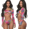 2019 New Arrivals Summer Fashion Women Sexy O-Neck Long Sleeve Crop Top Colorful Floral Printed 2 Pieces Set Bikini Swimwear