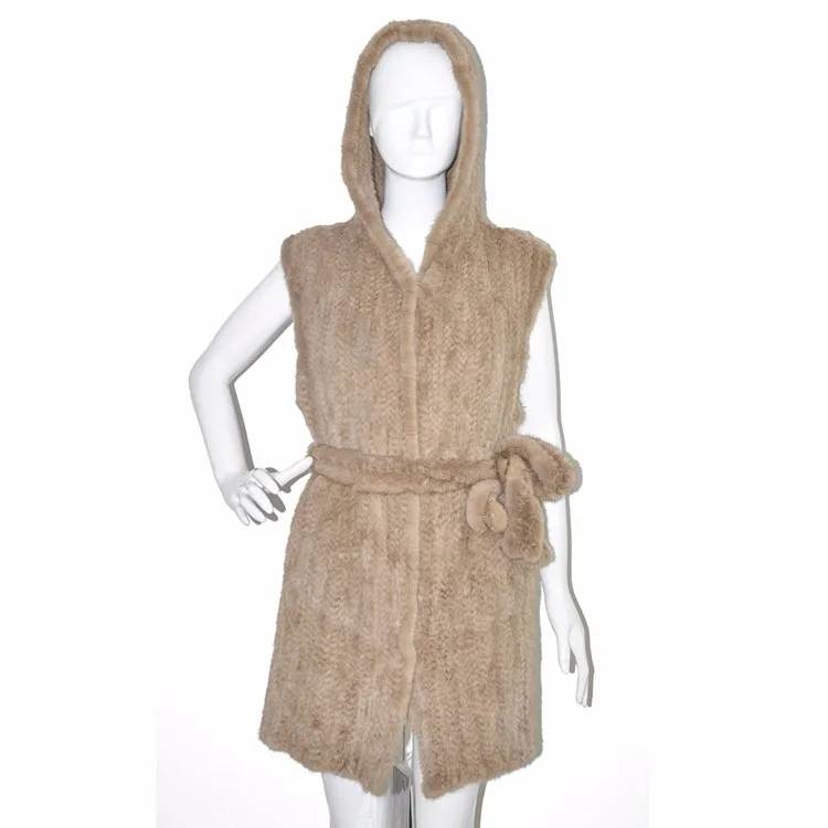 Genuine Knitted Mink Fur vest Hooded Women Wholesale fur vest with belt