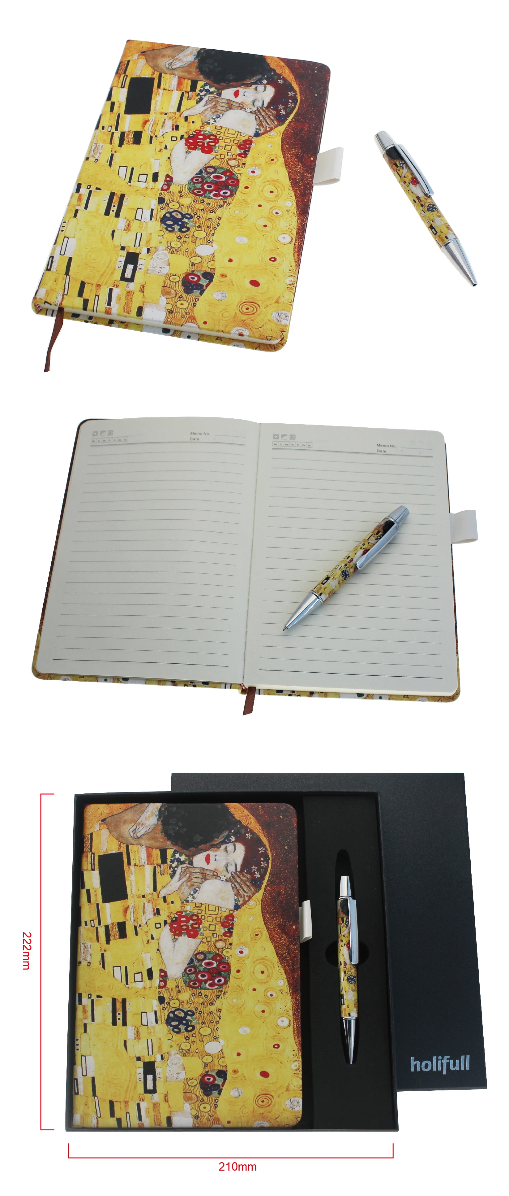 digital printing custom pu leather gift metal pen notebook set
