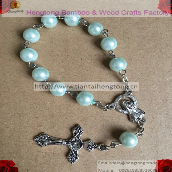 8mm glass bead decade rosary, rosary bracelet with green pearl appearance