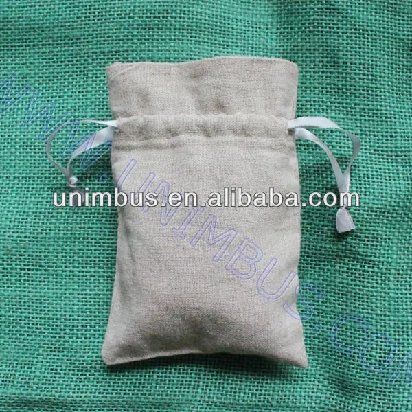 custom print linen sachet pouch with silver ribbon drawstring for jewelry