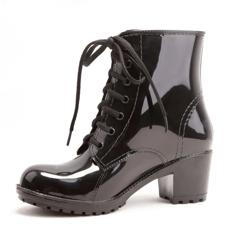 sexy mature high heel lace up women rain boot rain shoes glossy black custom design any color