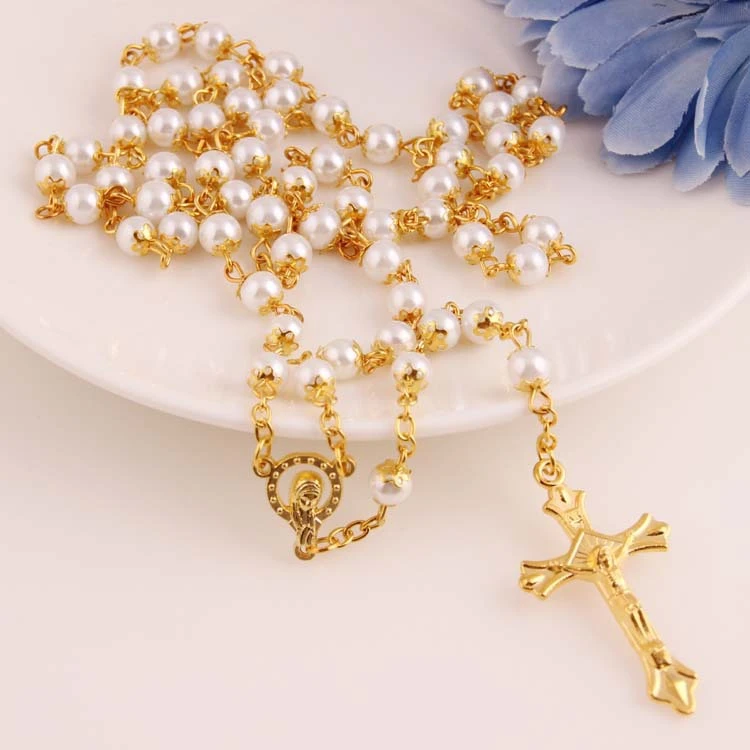In Stock Religious Christian Jewelry Cross Pendant Rosary Beads Necklace Wholesale Promotional