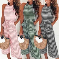 

Women's Summer Sleeveless Striped Jumpsuit Loose Wide Leg Belted Jumpsuits Romper with Pockets