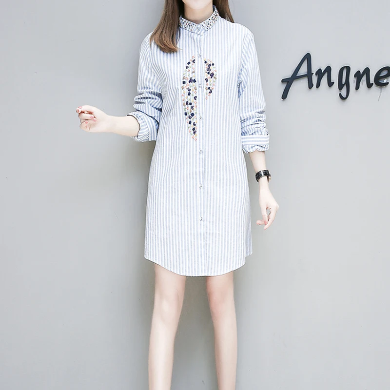 New spring Korean style plus size embroidered stripes loose long-sleeved shirt for women, White
New spring Korean style plus size embroidered stripes loose long-sleeved shirt for women, White