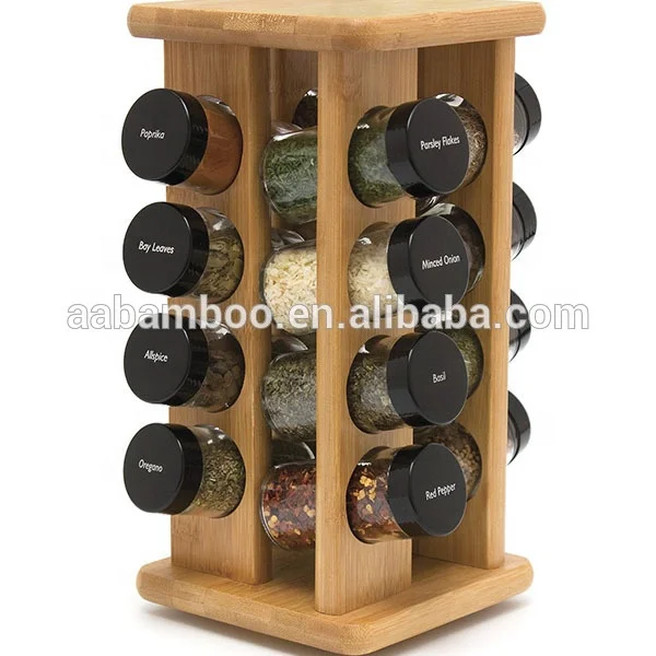 kitchen bamboo wooden revolving spice rack with 16 glass spice