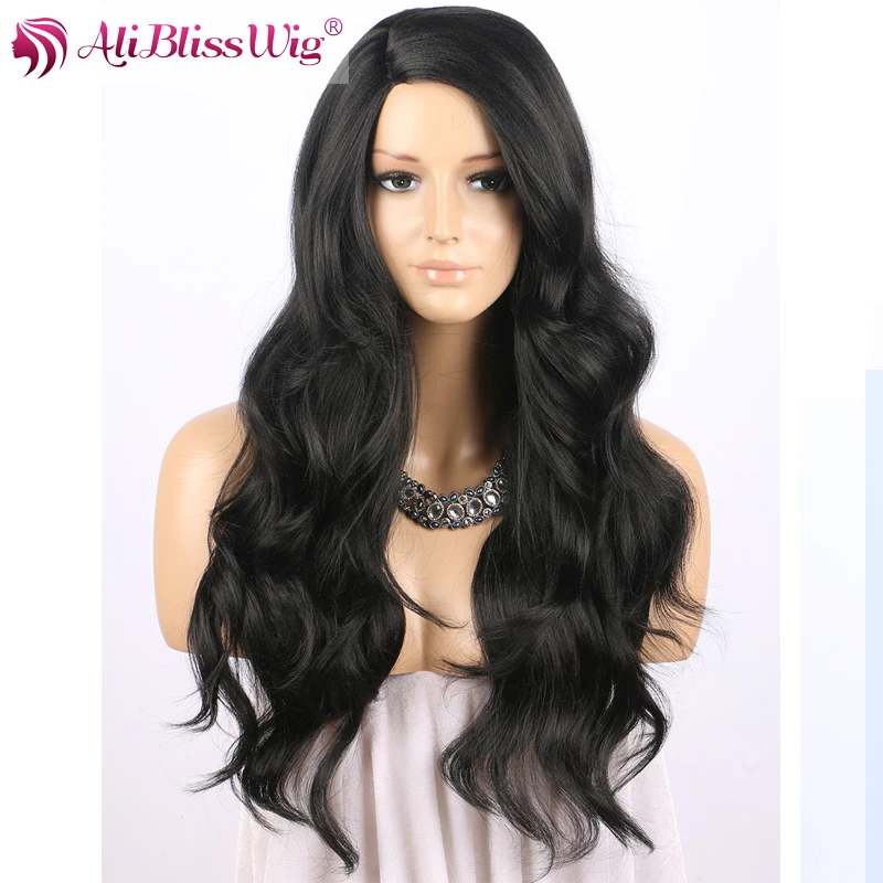 

22" Long Heat Resistant Fiber Hair Natural Wavy Fix Side Deep Parting 1B Black Lace Synthetic L Shape Wig for Black Women
