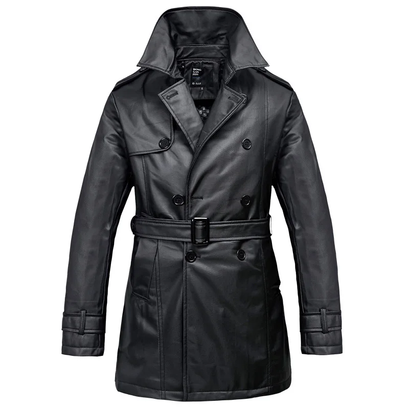 Casual PU Leather jaket Long Style Trun-Down collar Trench Coat Upset Men park Free shipping 2014 Winter jaqueta