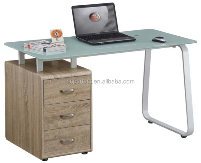 High quality Fashion glass wooden computer desk table with drawers