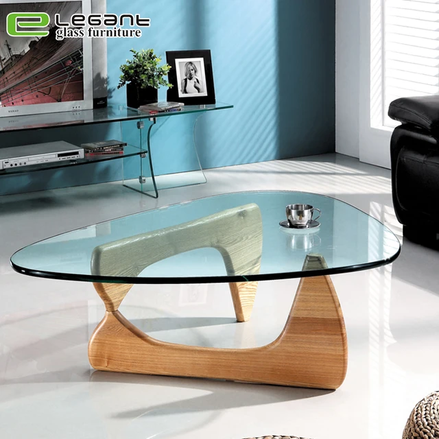 Triangle Glass Coffee Table with Wood Base