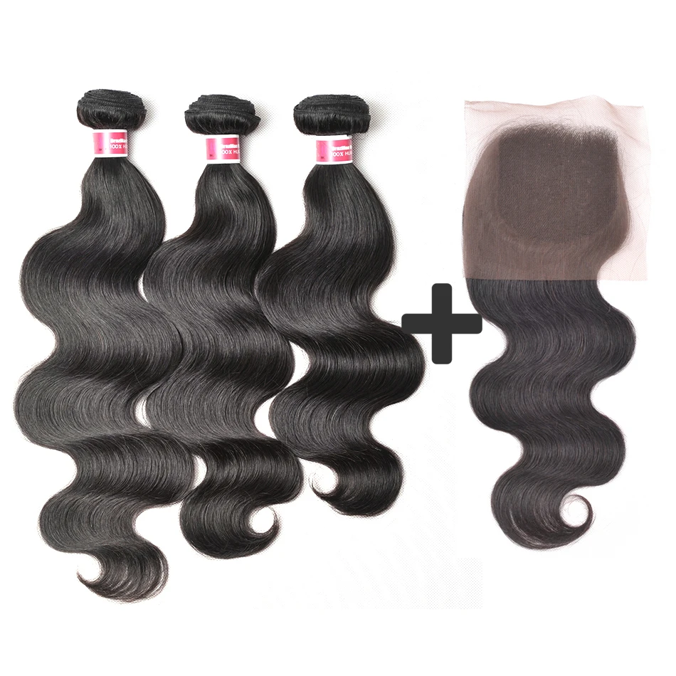 7A Mink Brazilian Hair with Closure Jet Black Brazilian Body Wave with Closure Grace Hair Virgin Human Hair 3/4Bundles Body Wave