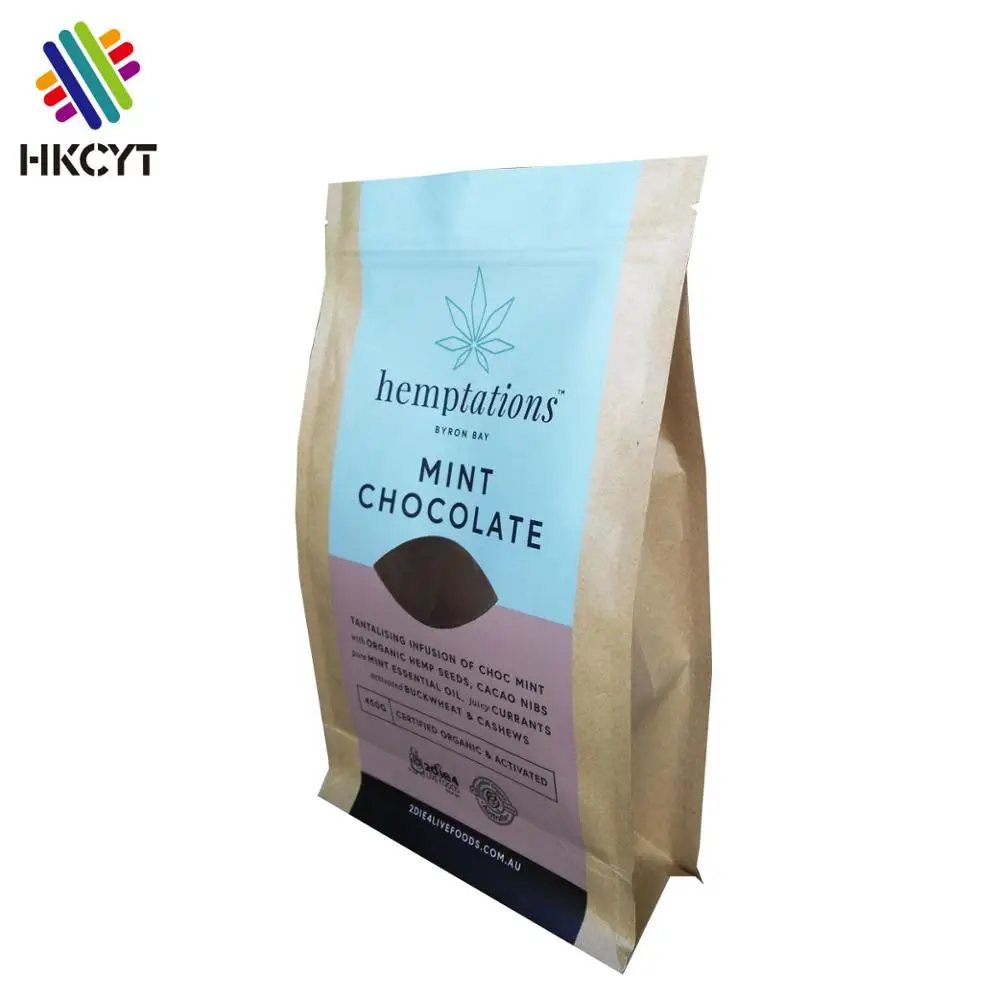 flat bottom stand up kraft paper food packaging bag for coffee
