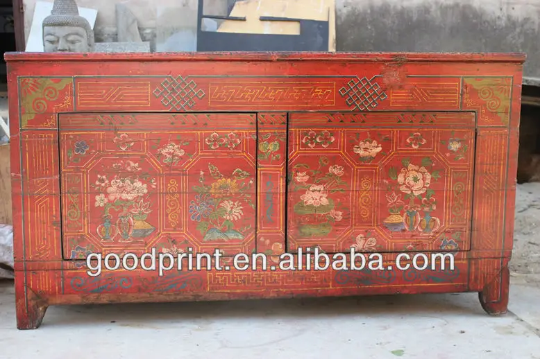 Asian Antiques Vintage Hand Painted Mongolia Console Cabinet 2.jpg