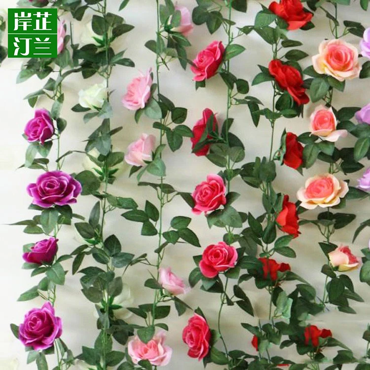 Flor de parede decoração do casamento artificial rose vine com folhas verdes 16 flores por 2.4 m