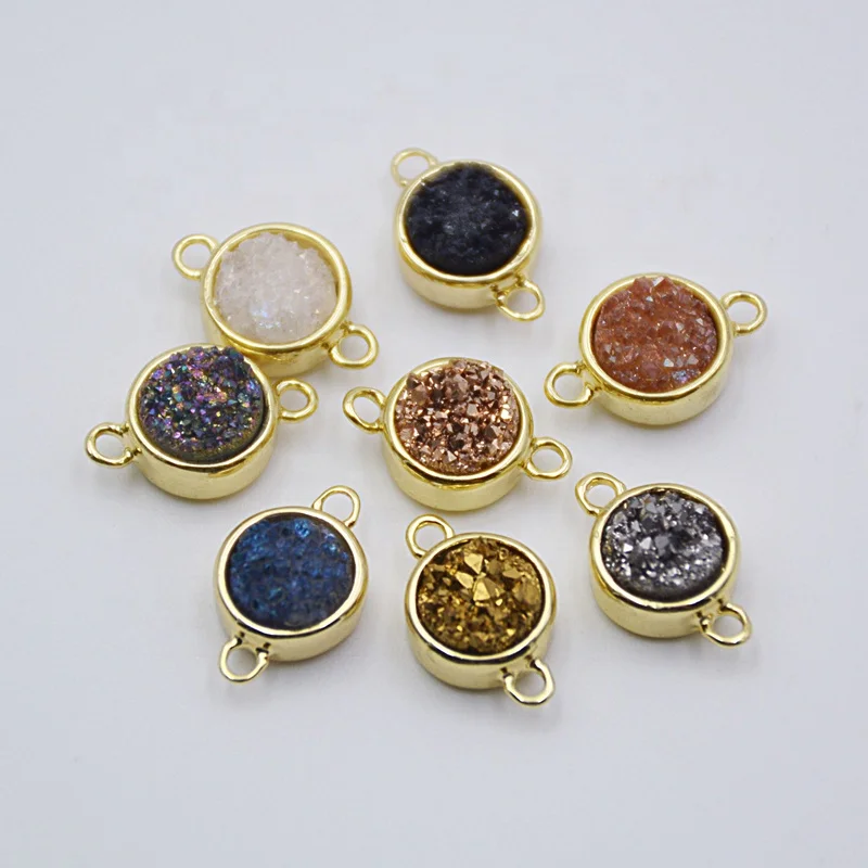 

9mm Round Gold Plated Bezel Natural Agate Titanium Druzy Tiny Charm Pendant Sparkle Drusy Gemstone Connector link Geode Jewelry, Multi agate pendant