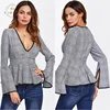 Hot Sale Long Sleeves Office Women Top Gray Plaid Formal Blouse