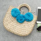 Small size blue pom pom boho chic summer beach straw bag
