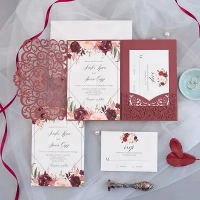 Cheap Burgundy Laser Cut Lace Pocket Invitation for Wedding Cards