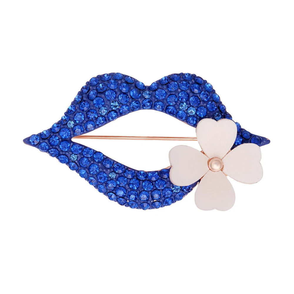 Newst sexy blue crystal yellow rose gold enamel lips lapel pin for Valentine Day Gift